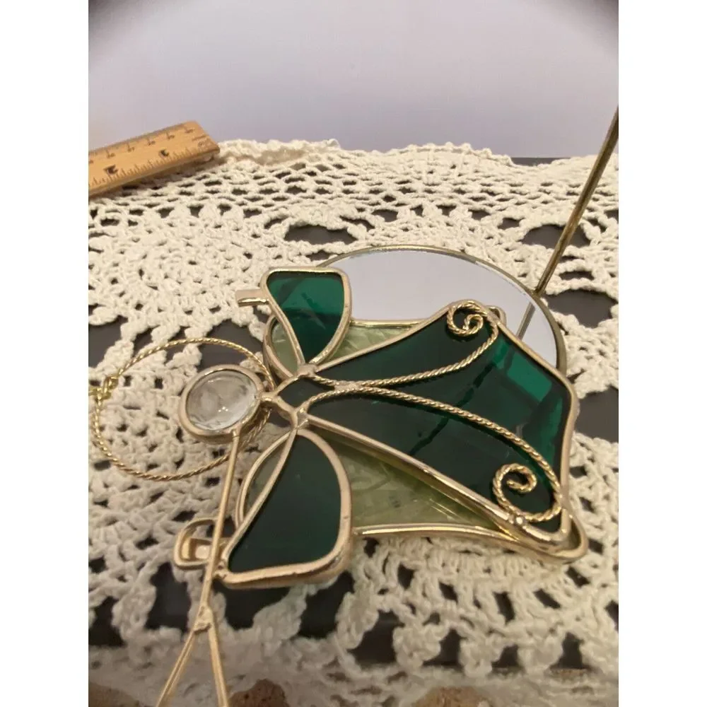 VTG Green Stained Glass Angel Ornament Sun Catcher Gold Metal Trim 5